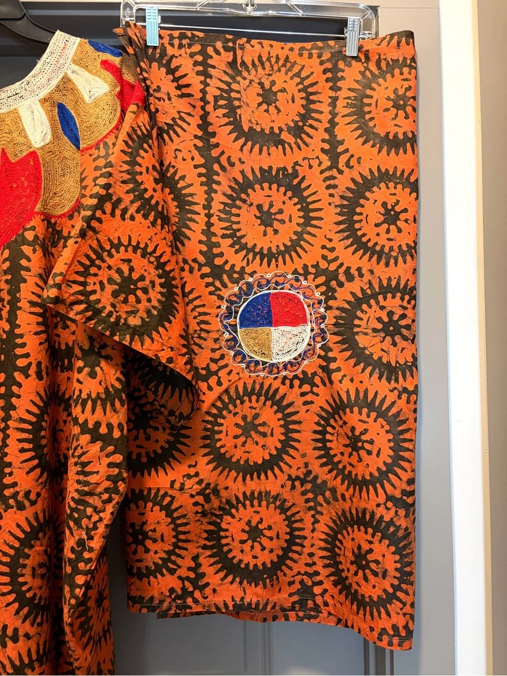 African 2 pc Bubu Kaftan Dress Mudcloth Print Brown Orange Embroidered Neckline